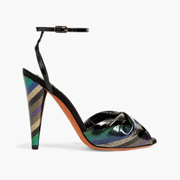 NEW MISSONI TWISTED METALLIC STRIPED PATENT LEATHER AND SATIN HEELS - Picture 1 of 12